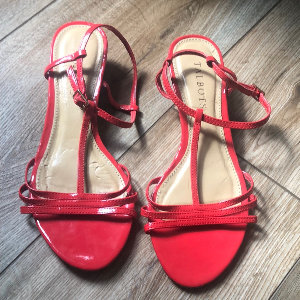 🌺- Talbots Red Patton Leather Strappy Wedge Sandals ..